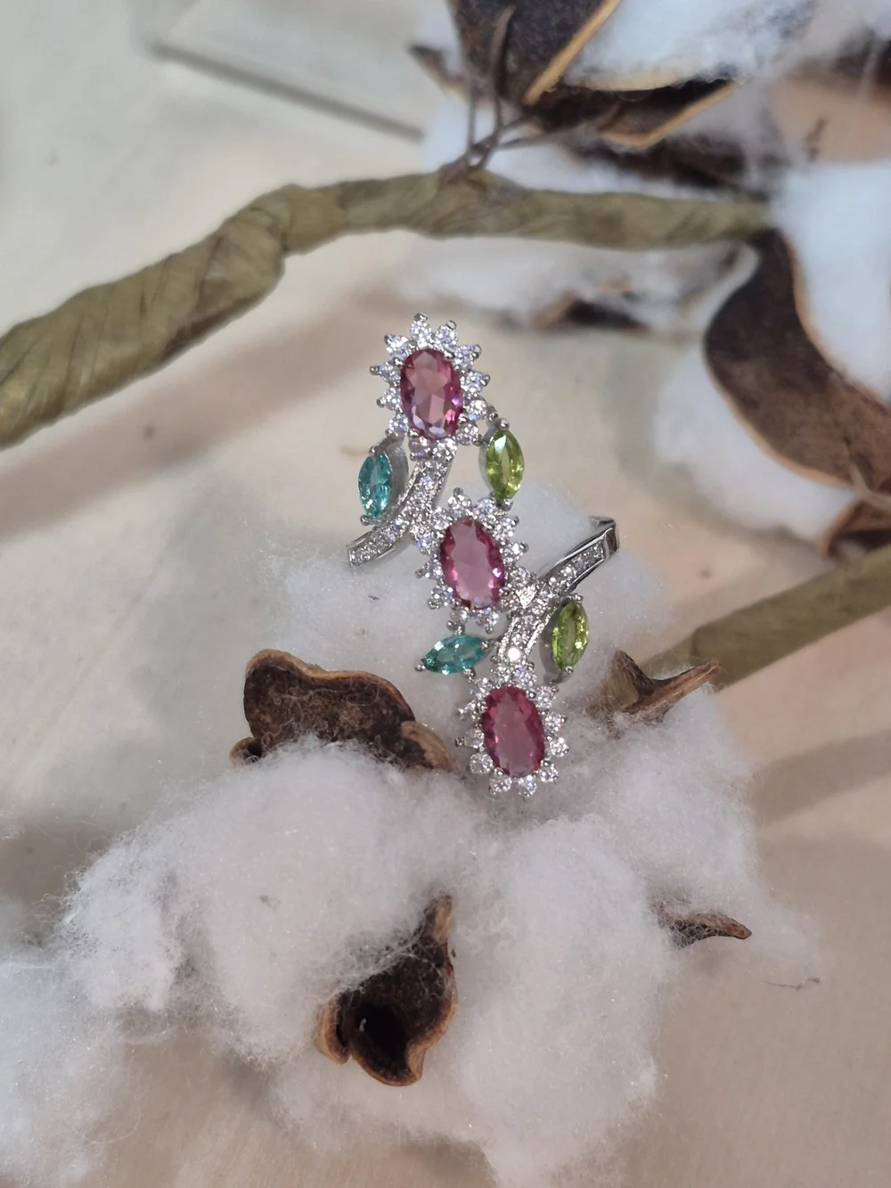 💚🩷NEW💚🩷 STUNNING!! PINK MORGANITE, AQUAMARINE, PERIDOT & CZ'S Ring